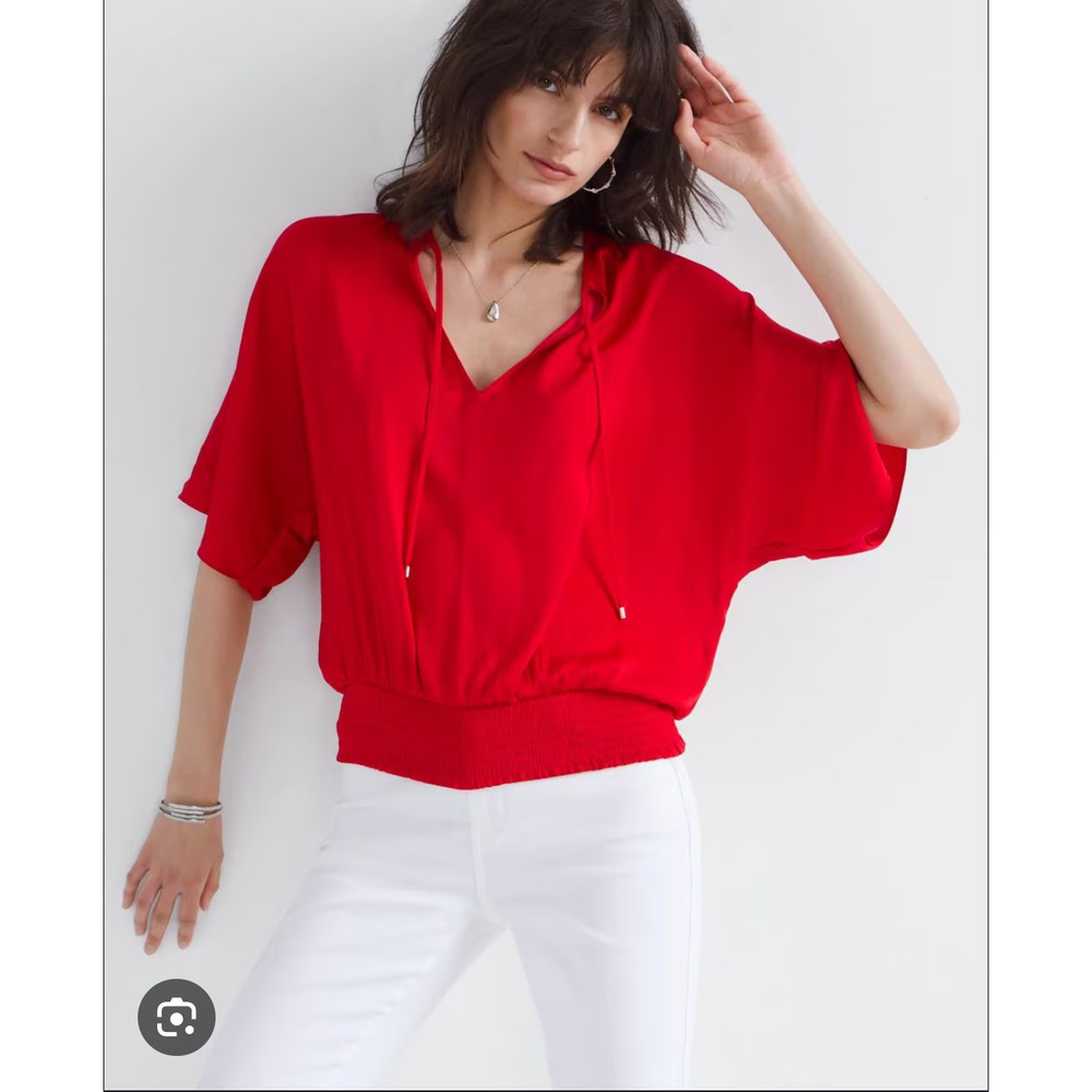 White House Black Market Elbow-Sleeve Smocked Bottom Top in Kimono Red